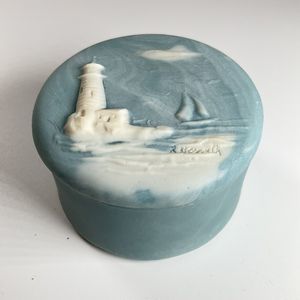 Vintage Incolay Stone Light House Jewelry Trinket Box Signed R Nemith Blue White